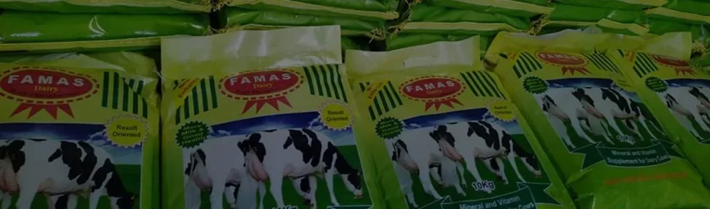A row of FAMAS Dairy sacks with the red FAMAS oval and Friesian cows on the pack