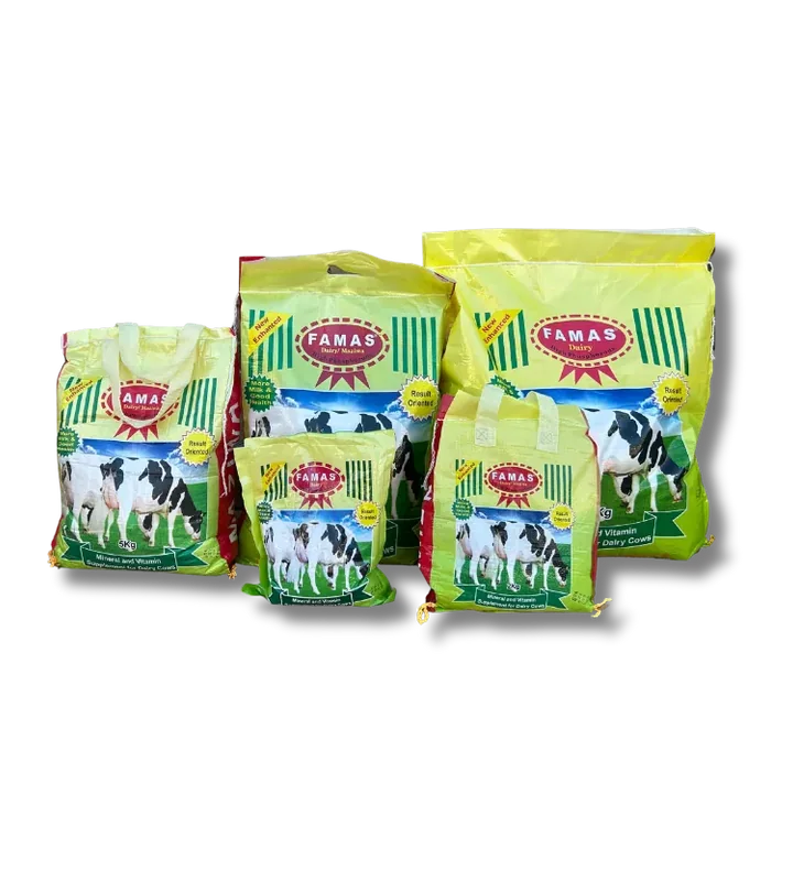 The FAMAS Dairy Maziwa range: lime-yellow bags from 1 kg to 20 kg