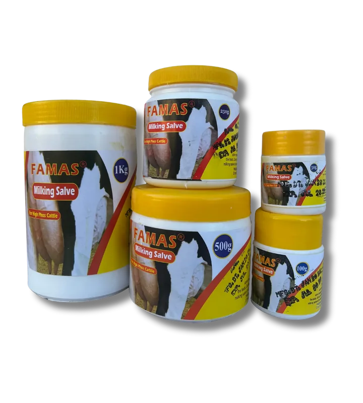FAMAS Milking Salve tubs with yellow lids, 50 g to 1 kg